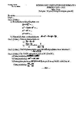 Đề khảo sát chất lượng đầu năm môn Toán Lớp 9 - Năm học 2021-2022 (Có đáp án)