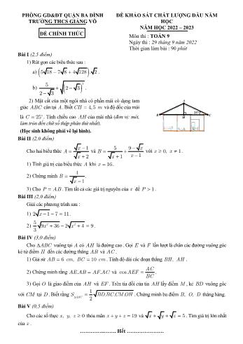 Đề khảo sát chất lượng đầu năm môn Toán Lớp 9 - Năm học 2022-2023 - Trường THCS Giảng Võ (Có đáp án)