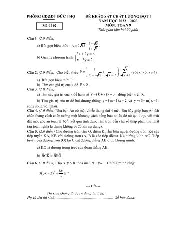 Đề khảo sát chất lượng đợt I môn Toán Lớp 9 - Năm học 2022-2023 - Phòng GD&ĐT Đức Thọ (Có đáp án)