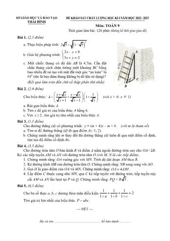 Đề khảo sát chất lượng học kì I môn Toán Lớp 9 - Năm học 2022-2023 - Sở GD&ĐT Thái Bình (Có đáp án)