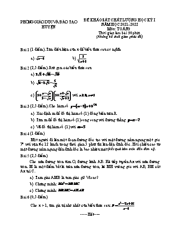 Đề khảo sát chất lượng học kỳ I môn Toán Lớp 9 - Năm học 2021-2022 (Có đáp án)