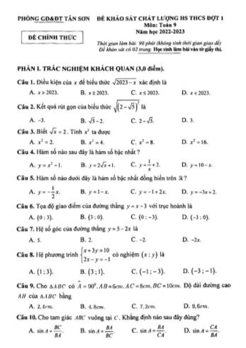 Đề khảo sát chất lượng học sinh THCS đợt 1 môn Toán Lớp 9 - Năm học 2022-2023 - Phòng GD&ĐT Tân Sơn