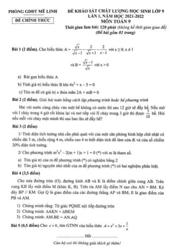 Đề khảo sát chất lượng lần 1 môn Toán Lớp 9 - Năm học 2021-2022 - Phòng GD&ĐT Mê Linh