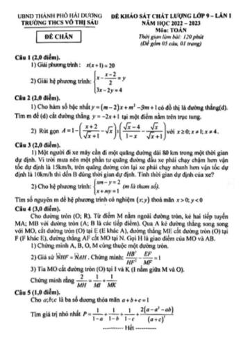 Đề khảo sát chất lượng lần 1 môn Toán Lớp 9 - Năm học 2022-2023 - Trường THCS Võ Thị Sáu