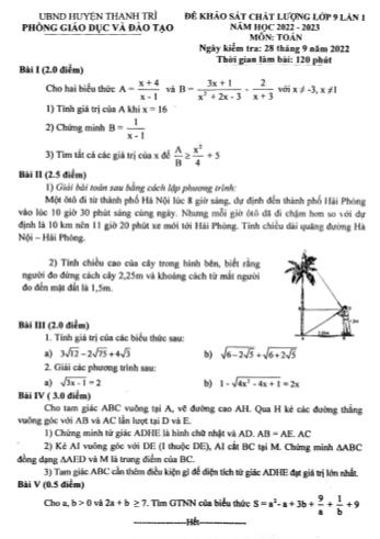 Đề khảo sát chất lượng lần 1 môn Toán Lớp 9 - Năm học 2022-2023 - Phòng GD&ĐT huyện Thanh Trì