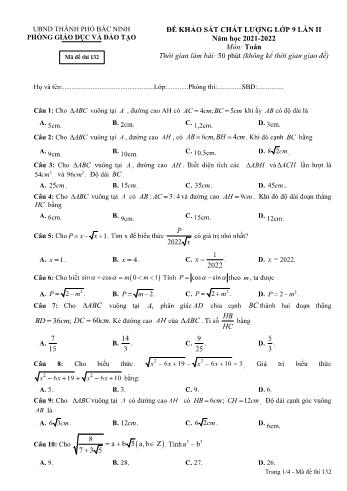 Đề khảo sát chất lượng lần 2 môn Toán Lớp 9 - Năm học 2021-2022 - Phòng GD&ĐT Bắc Ninh
