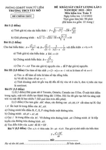 Đề khảo sát chất lượng lần 3 môn Toán Lớp 9 - Năm học 2022-2023 - Trường THCS Tây Mỗ