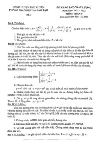 Đề khảo sát chất lượng môn Toán Lớp 9 - Năm học 2021-2022 - Phòng GD&ĐT huyện Phú Xuyên