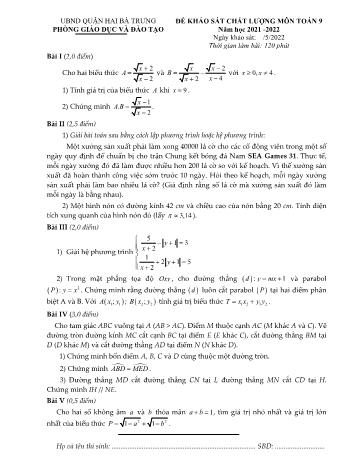 Đề khảo sát chất lượng môn Toán Lớp 9 - Năm học 2021-2022 - Phòng GD&ĐT Hai Bà Trưng (Có đáp án)