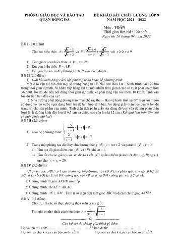 Đề khảo sát chất lượng môn Toán Lớp 9 - Năm học 2021-2022 - Phòng GD&ĐT Quận Đống Đa (Có đáp án)