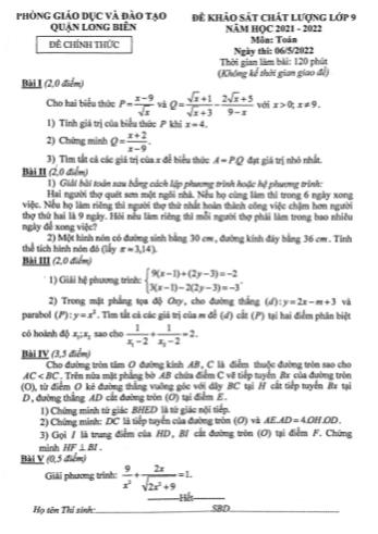 Đề khảo sát chất lượng môn Toán Lớp 9 - Năm học 2021-2022 - Phòng GD&ĐT Quận Long Biên