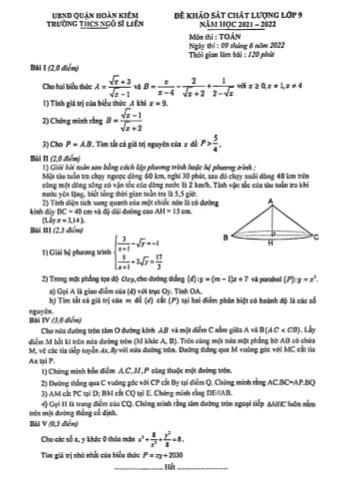 Đề khảo sát chất lượng môn Toán Lớp 9 - Năm học 2021-2022 - Trường THCS Ngô Sĩ Liên