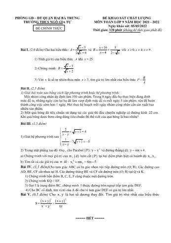 Đề khảo sát chất lượng môn Toán Lớp 9 - Năm học 2021-2022 - Trường THCS Ngô Gia Tự (Có đáp án)