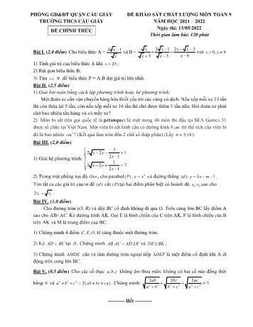 Đề khảo sát chất lượng môn Toán Lớp 9 - Năm học 2021-2022 - Trường THCS Cầu Giấy (Có đáp án)