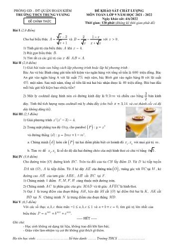 Đề khảo sát chất lượng môn Toán Lớp 9 - Năm học 2021-2022 - Trường THCS Trưng Vương (Có đáp án)