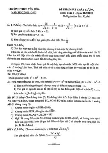 Đề khảo sát chất lượng môn Toán Lớp 9 - Năm học 2021-2022 - Trường THCS Yên Hòa