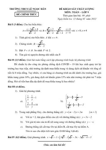 Đề khảo sát chất lượng môn Toán Lớp 9 - Năm học 2021-2022 - Trường THCS Lê Ngọc Hân (Có đáp án)