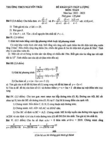 Đề khảo sát chất lượng môn Toán Lớp 9 - Năm học 2022-2023 - Trường THCS Nguyễn Trãi