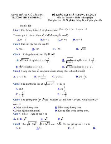 Đề khảo sát chất lượng tháng 11 môn Toán Lớp 9 - Trường THCS Kinh Bắc (Có đáp án)