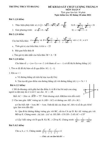 Đề khảo sát chất lượng tháng 9 môn Toán Lớp 9 - Năm học 2021-2022 - Trường THCS Tô Hoàng (Có đáp án)