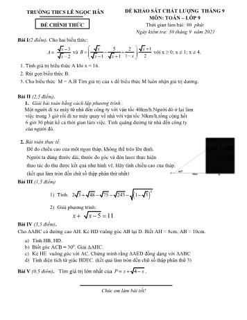 Đề khảo sát chất lượng tháng 9 môn Toán Lớp 9 - Năm học 2021-2022 - Trường THCS Lê Ngọc Hân (Có đáp án)
