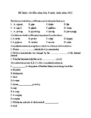 Đề khảo sát đầu năm môn Tiếng Anh Lớp 9 - Năm 2022 (Có đáp án)