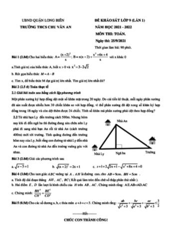Đề khảo sát lần 1 môn Toán Lớp 9 - Năm học 2021-2022 - Trường THCS Chu Văn An