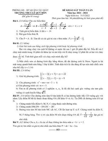 Đề khảo sát môn Toán Lớp 9 - Năm học 2021-2022 - Trường THCS Lê Quý Đôn (Có đáp án)