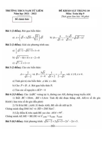 Đề khảo sát tháng 10 môn Toán Lớp 9 - Năm học 2021-2022 - Trường THCS Nam Từ Liêm