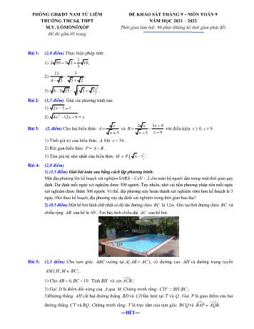 Đề khảo sát tháng 9 môn Toán Lớp 9 - Năm học 2021-2022 - Trường THCS&THPT M.V.Lômônôxốp (Có đáp án)