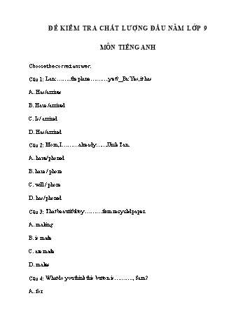 Đề kiểm tra chất lượng đầu năm môn Tiếng Anh Lớp 9 - Đề 3