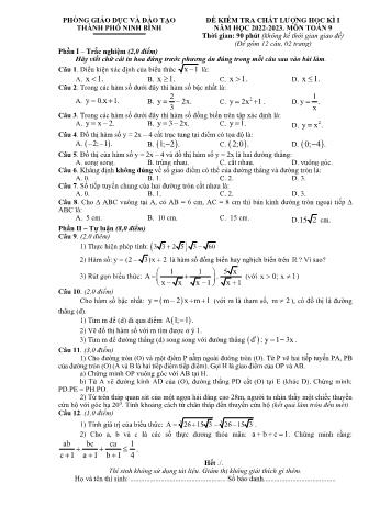 Đề kiểm tra chất lượng học kì I môn Toán Lớp 9 - Năm học 2022-2023 - Phòng GD&ĐT Ninh Bình (Có đáp án)