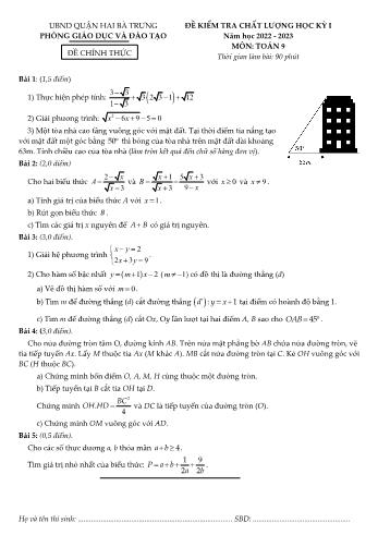 Đề kiểm tra chất lượng học kỳ I môn Toán Lớp 9 - Năm học 2022-2023 - Phòng GD&ĐT Quận Hai Bà Trưng (Có đáp án)