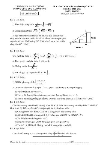 Đề kiểm tra chất lượng học kỳ I môn Toán Lớp 9 - Năm học 2022-2023 - Phòng GD&ĐT Hai Bà Trưng (Có đáp án)