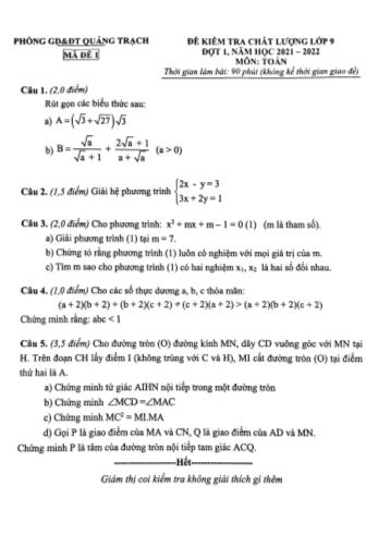Đề kiểm tra chất lượng môn Toán Lớp 9 - Năm học 2021-2022 - Phòng GD&ĐT Quảng Trạch