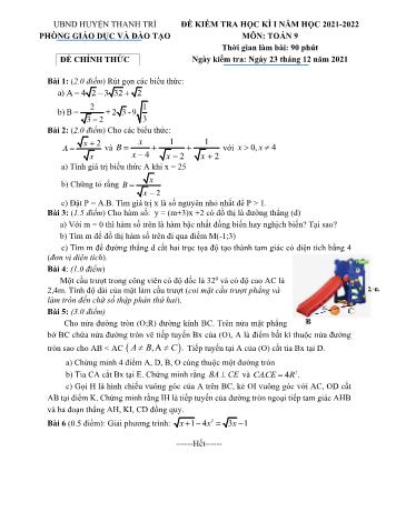 Đề kiểm tra cuối học kì I môn Toán Lớp 9 - Năm học 2021-2022 - Phòng GD&ĐT Thanh Trì