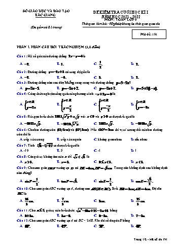Đề kiểm tra cuối học kì I môn Toán Lớp 9 - Năm học 2021-2022 - Sở GD&ĐT Bắc Giang (Có đáp án)