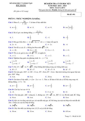 Đề kiểm tra cuối học kì I môn Toán Lớp 9 - Năm học 2022-2023 - Sở GD&ĐT Bắc Giang (Có đáp án)