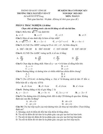 Đề kiểm tra cuối học kì I môn Toán Lớp 9 - Năm học 2022-2023 - Trường THCS Nguyễn Văn Cừ