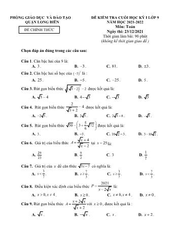 Đề kiểm tra cuối học kỳ I môn Toán Lớp 9 - Năm học 2021-2022 - Phòng GD&ĐT Long Biên (Có đáp án)