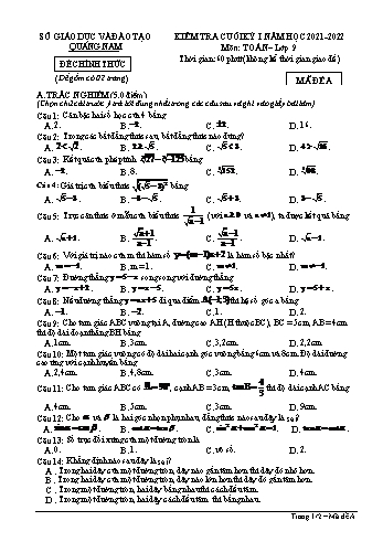 Đề kiểm tra cuối học kỳ I môn Toán Lớp 9 - Năm học 2021-2022 - Sở GD&ĐT Quảng Nam - Đề A (Có đáp án)
