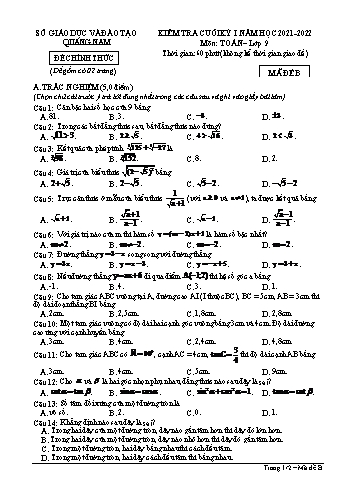 Đề kiểm tra cuối học kỳ I môn Toán Lớp 9 - Năm học 2021-2022 - Sở GD&ĐT Quảng Nam - Đề B (Có đáp án)