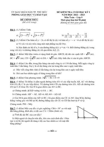 Đề kiểm tra cuối học kỳ I môn Toán Lớp 9 - Năm học 2022-2023 - Phòng GD&ĐT Thủ Đức (Có đáp án)