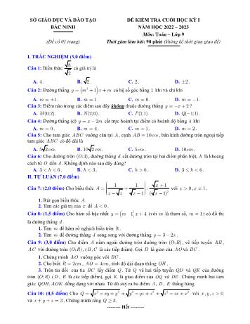 Đề kiểm tra cuối học kỳ I môn Toán Lớp 9 - Năm học 2022-2023 - Sở GD&ĐT Bắc Ninh (Có đáp án)