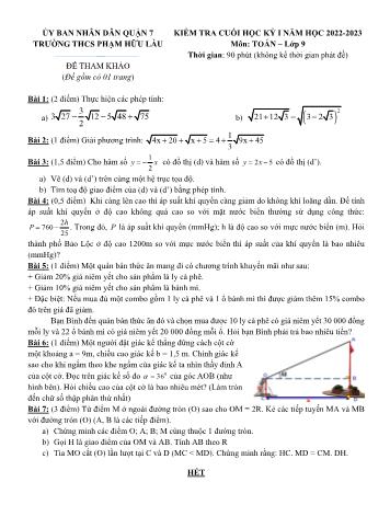 Đề kiểm tra cuối học kỳ I môn Toán Lớp 9 - Năm học 2022-2023 - Trường THCS Phạm Hữu Lầu (Có đáp án)