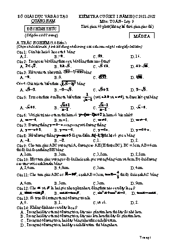 Đề kiểm tra cuối kỳ I môn Toán Lớp 9 - Năm học 2021-2022 - Sở GD&ĐT Quảng Nam (Có đáp án)
