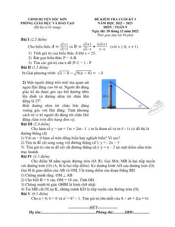 Đề kiểm tra cuối kỳ I môn Toán Lớp 9 - Năm học 2022-2023 - Phòng GD&ĐT Sóc Sơn (Có đáp án)
