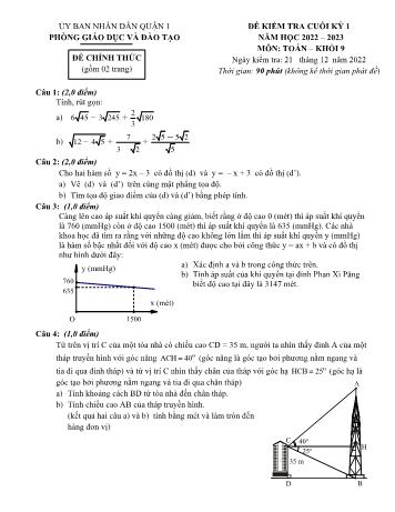 Đề kiểm tra cuối kỳ I môn Toán Lớp 9 - Năm học 2022-2023 - Phòng GD&ĐT Quận 1
