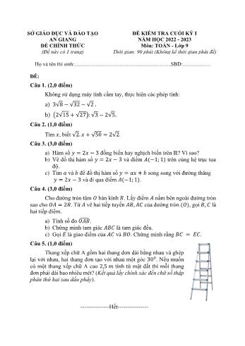 Đề kiểm tra cuối kỳ I môn Toán Lớp 9 - Năm học 2022-2023 - Sở GD&ĐT An Giang (Có đáp án)