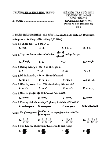 Đề kiểm tra cuối kỳ I môn Toán Lớp 9 - Năm học 2022-2023 - Trường TH & THCS Hóa Trung